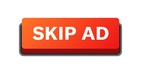 Skip ad button icon. Red button. Flat style. Vector icon