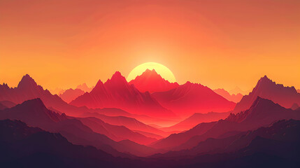 Mountain Sunset Vista: A fiery sunset sets the mountain range aglow, highlighting dramatic peaks and valleys in golden light. Flat illustration backdrop in a captivating flat desig