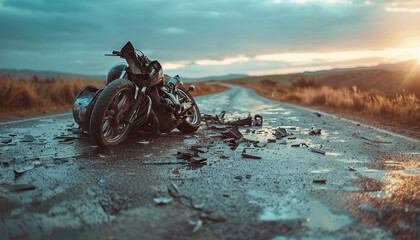 A motorcycle is laying on the road with a broken front wheel by AI generated image