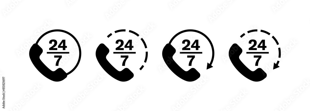Poster 24/7 icon set. work around the clock icon set. silhouette style. vector icons