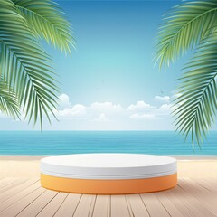 Obraz premium beach with palm trees.a sleek and modern summer background, highlighting an empty podium or pedestal platform against the backdrop of a beach with palm trees, ideal for cosmetic product mockups.