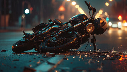 A motorcycle is laying on the road with a broken front wheel by AI generated image