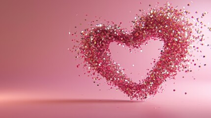 glitter particles forming a heart shape on a pink background.