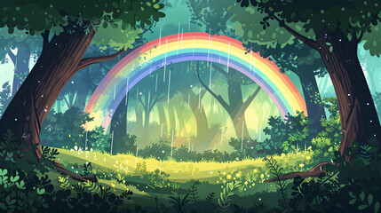 Rainbow Through Forest Canopy   Flat Design Backdrop Concept: A rainbow arcs through a lush forest canopy, adding a splash of color to the rich green surroundings   Flat Illustrati