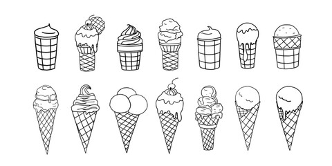 Large set of ice cream in a waffle cone and waffle cup. Great for summer dessert menu design, banner, sites, packaging. Hand drawn. Doodle style.