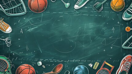 A chalkboard background with sports equipment and items scattered around it, such as balls, shoes, rackets, sticks
