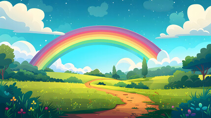 Flat Design Backdrop: Rural Road Rainbow   A Vibrant Path of Colors in a Peaceful Countryside Setting