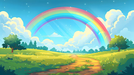 Serene Rural Road with Vibrant Rainbow   Flat Design Illustration of Colorful Path in Countryside Landscape