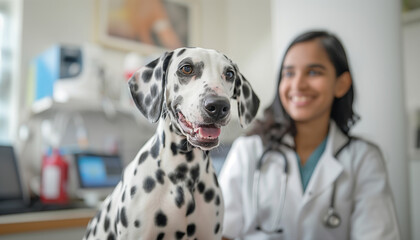 Dalmatian dog is being held by smiling veterinarian in clinic. Focus is on happy face of dog, radiating warmth and care veterinary setting with medical equipment visible on background. Pets healthcare