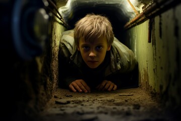Compact Modern child boy underground bunker. Light concrete. Generate Ai