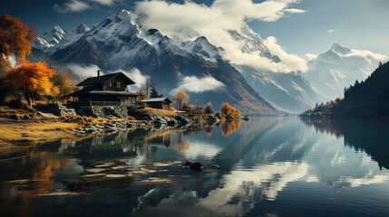 Aerial View Minimalist House Behind A Mountain With Reflections in Water Landscape Background