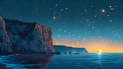 Stars Over Coastal Cliffs: A Striking Flat Design Backdrop with Brightly Twinkling Stars Above Rugged Cliffs, Contrasting Land and Cosmos   Flat Illustration