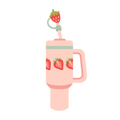 Tumbler for water and hot drinks. Custom bottle with strawberry-shaped rubber lid. Reusable thermos mug tumbler bottle, travel coffee cup and thermos. Color cup for shops. Vector flat illustration.