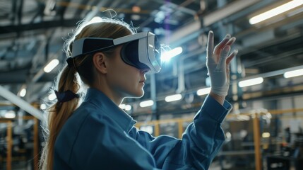 Modern Factory 4.0: Female Engineer Maps Manufacturing Plant Floor Using Mixed Reality Software and Gestures Using Augmented Reality Headset