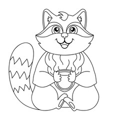 Linear drawing of raccoon with mug. Child's character for coloring book. Simple drawing of an animal. Forest Wild Animals coloring book for kids. Vector outline cartoon illustration.