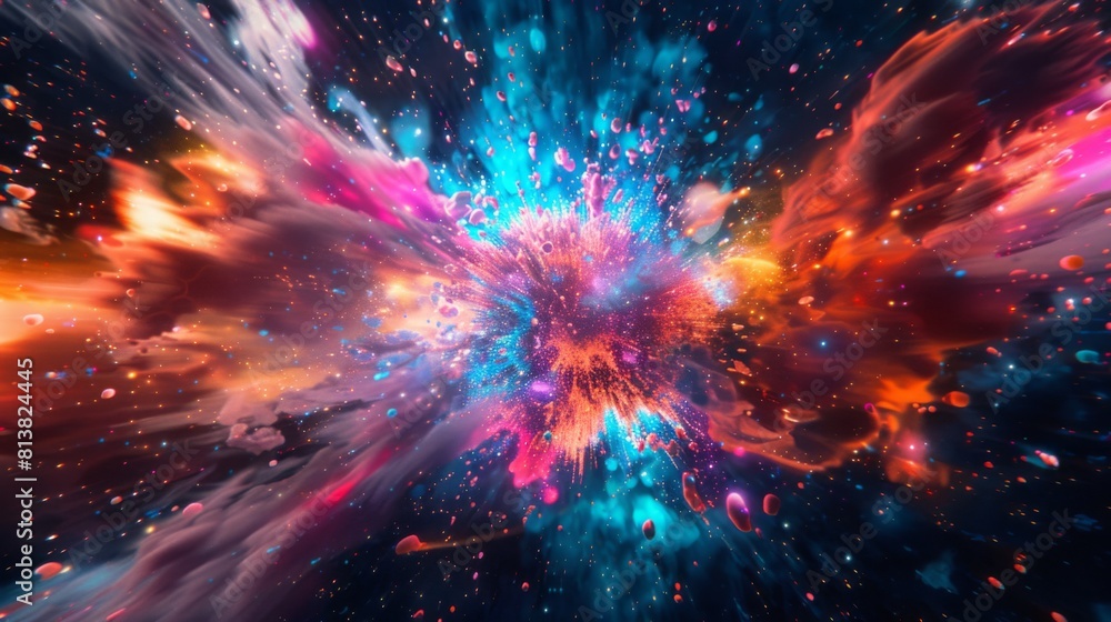 Poster a vibrant explosion of colors represents a nebula bursting with energy in the depths of outer space.