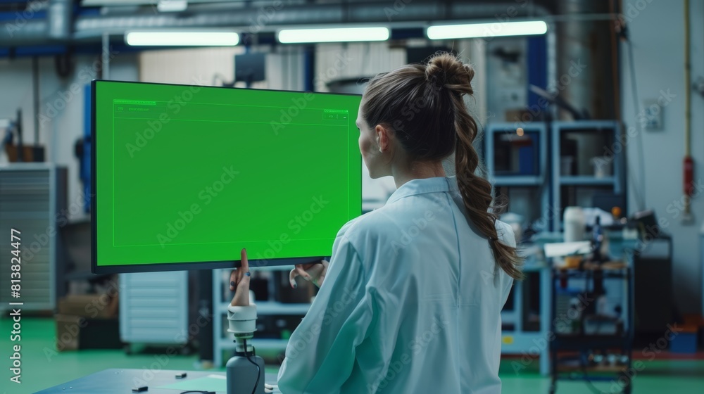 Poster in a modern factory meeting, a confident female engineer uses an interactive whiteboard template in 