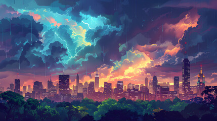 Thunderous Sky Over City: Urban Life meets Nature in Flat Design Backdrop   City Skylines under Dramatic Thunderclouds Illustration