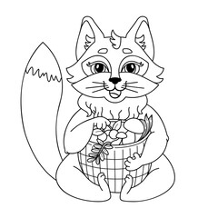 Linear drawing of fox with basket of mushrooms and berries. Child's character for coloring book. Simple drawing of an animal. Forest Wild Animals. Vector outline cartoon illustration.
