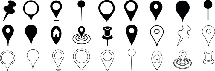 location marker, diverse map pin vector icons set. Ideal for mapping, navigation apps, websites. standard pins, circular markers, house shape, pushpin