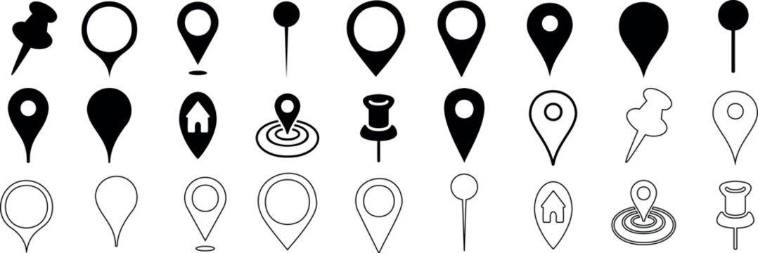 location marker, diverse map pin vector icons set. Ideal for mapping, navigation apps, websites. standard pins, circular markers, house shape, pushpin