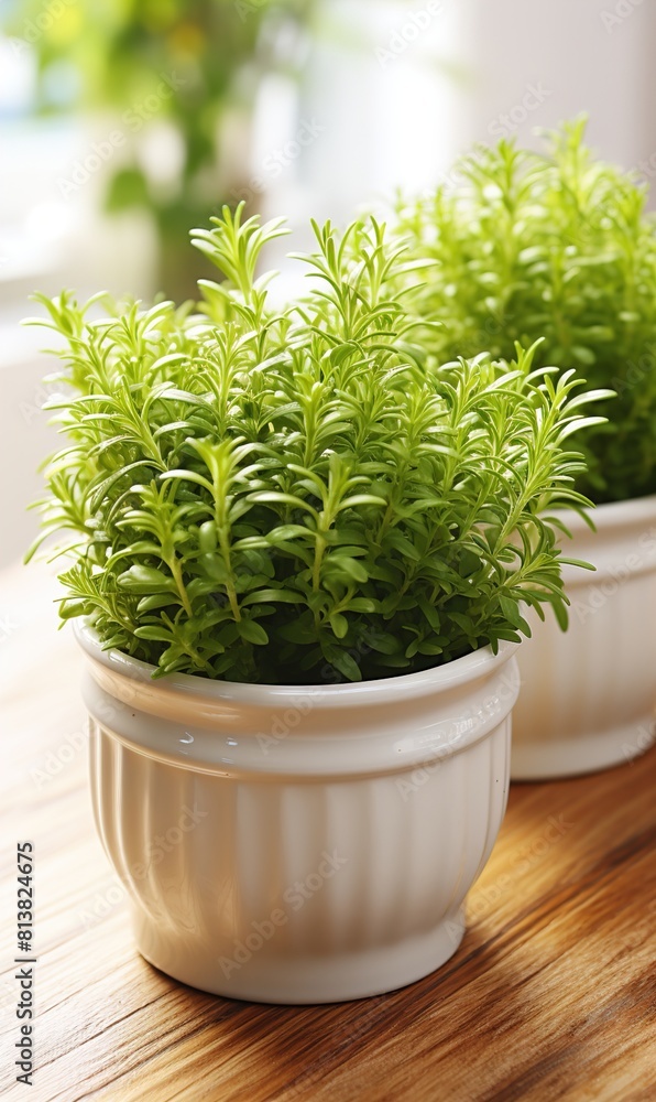 Sticker Aromatic green potted thyme on white wooden table. 