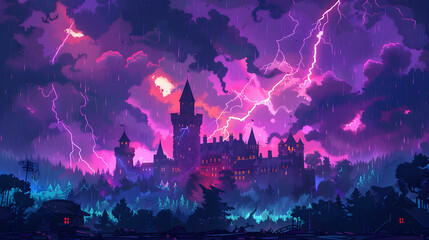 Flat Design Backdrop: Thunderstorm Over Historical Castle   Merging history with dramatic weather as a resilient castle stands against the fury. Concept flat illustration