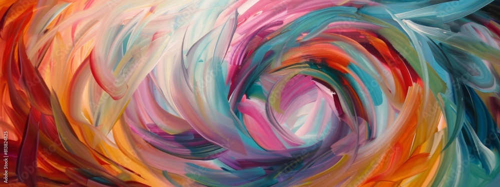 Poster a painting featuring a vibrant and intricate swirl of various colors set against a deep black backgr
