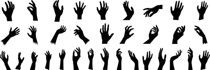 hand gesture silhouette collection, isolated on white. Perfect hand vector for communication, body language, design elements. Includes pointing, thumbs up, grabbing, holding