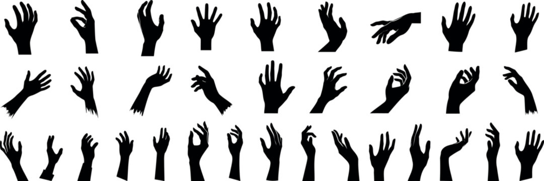 hand gesture silhouette collection, isolated on white. Perfect hand vector for communication, body language, design elements. Includes pointing, thumbs up, grabbing, holding