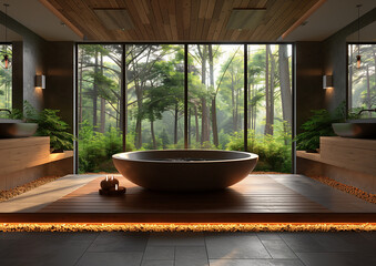 Fototapeta premium Luxury hotel bathroom with panoramic windows. Travel concept.