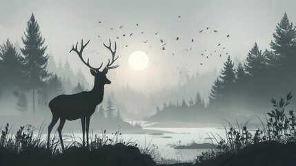 Wildlife in Morning Mist: Animals as Shadows in Elusive Lives   Flat Design Backdrop Concept with Flat Illustration