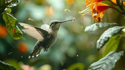 A hummingbird hovering near an exotic flower, with blurred greenery in the background. 
