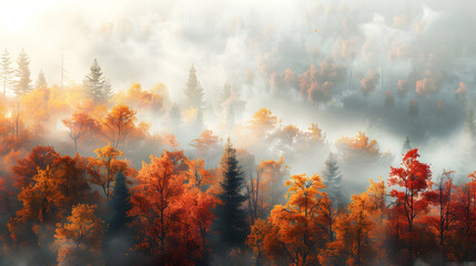 Autumn Misty Morning: Trees in Vibrant Autumn Colors Partially Obscured by Morning Mist   A Warm Yet Mysterious Aura
