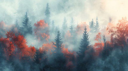 Autumn Morning Mystery: Trees Draped in Misty Colors Evoking Warmth and Mystery   Stock Photo Concept