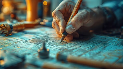 Craftsman Drawing on Architectural Blueprint in Workshop