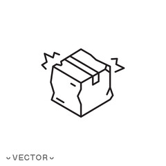 broken cardboard box icon, torn carton package, concept bad transportation, crumpled or squashed paper, delivery thin line symbol isolated on white background, editable stroke eps 10 vector