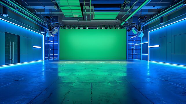 A large green screen is set in the center of an empty TV studio with blue lighting and metallic walls. 
