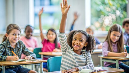 Happy Student Raising Hand to Answer Question in Class	
