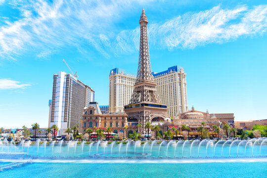 Las Vegas, Nevada - April 13, 2024: Daytime Fountains View of the Paris Las Vegas Hotel