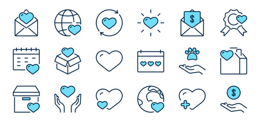 Charity and donate color blue line icons set. Volunteer, donation, monetary assistance, help, animals, donor sign and symbol. Isolated on a white background. Pixel perfect. Editable stroke. 64x64.
