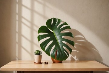 Empty table on beige texture wall background. Composition with monstera leaves shadow on the wall. Mock up for presentation, branding products, cosmetics food or jewellery.