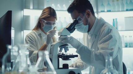 Using a microscope in a modern medical research laboratory, two scientists wear face masks and analyze sample in a petri dish while discussing innovative technology. Modern Medical Research