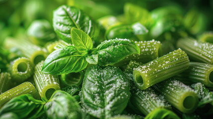 Close-up of vibrant green spinach or pea pasta noodles sprinkled with white salt, decorated by fresh basil leaves. Perfect for healthy eating, fitness, diets articles .