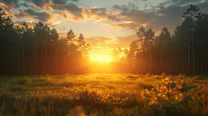Enchanting Forest Edge Sunset: Sun kissed Treetops and Long Shadows in Photo Realistic Concept