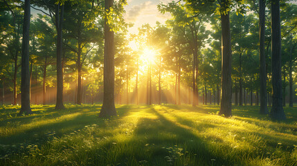 Sunset at Forest s Edge: Illuminating Treetops and Shadows at Clearing   Photo Realistic Concept