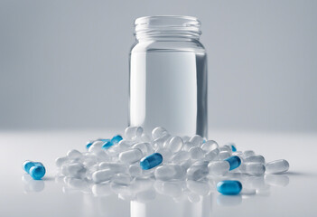 protein pills and a glass of water, isolated white background
