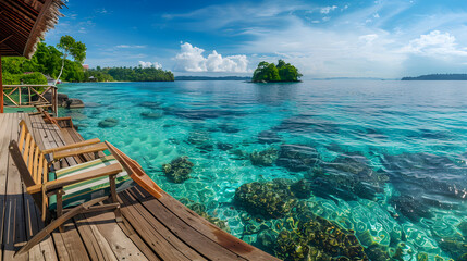 Breathtaking Seaside Bungalow View of the Serene Ocean and Misty Distant Islands