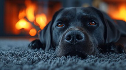 Black Labrador retriever lying on a grey rug with a fireplace in the background