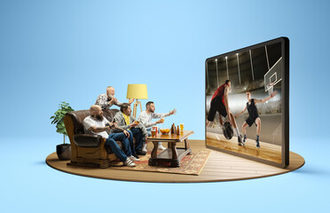 Tense game moment. Men sitting at home, emotionally watching online basketball match translations on 3d model of screen. Concept of sport, game, competition, tournament, championship
